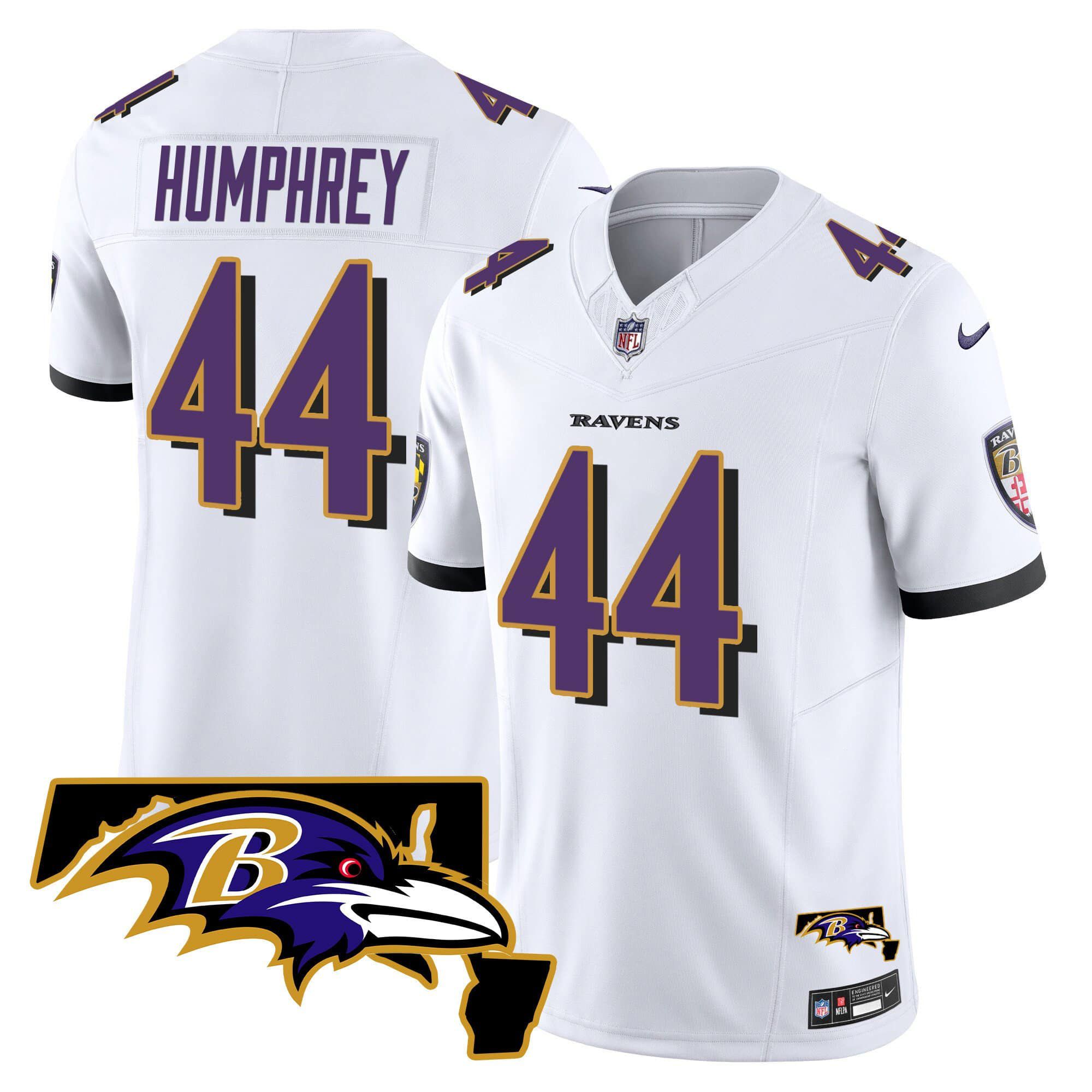 Men Baltimore Ravens #44 Humphrey White 2024 Nike Maryland Patch Vapor Limited NFL Jersey